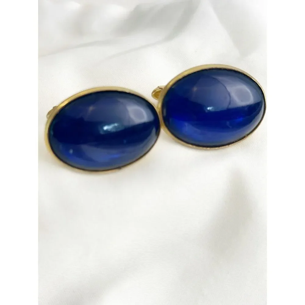 Anson Cobalt Blue Cabochon Cuff Links Oval Gold Tone